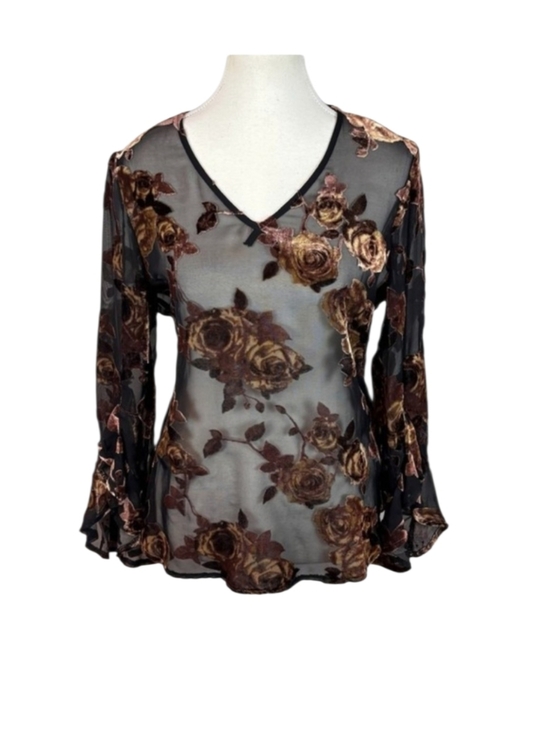 Karen Kane Tops - Karen Kane Black and Gold Sheer Floral Velvet Bell Sleeve Burnout V-Neck Blouse